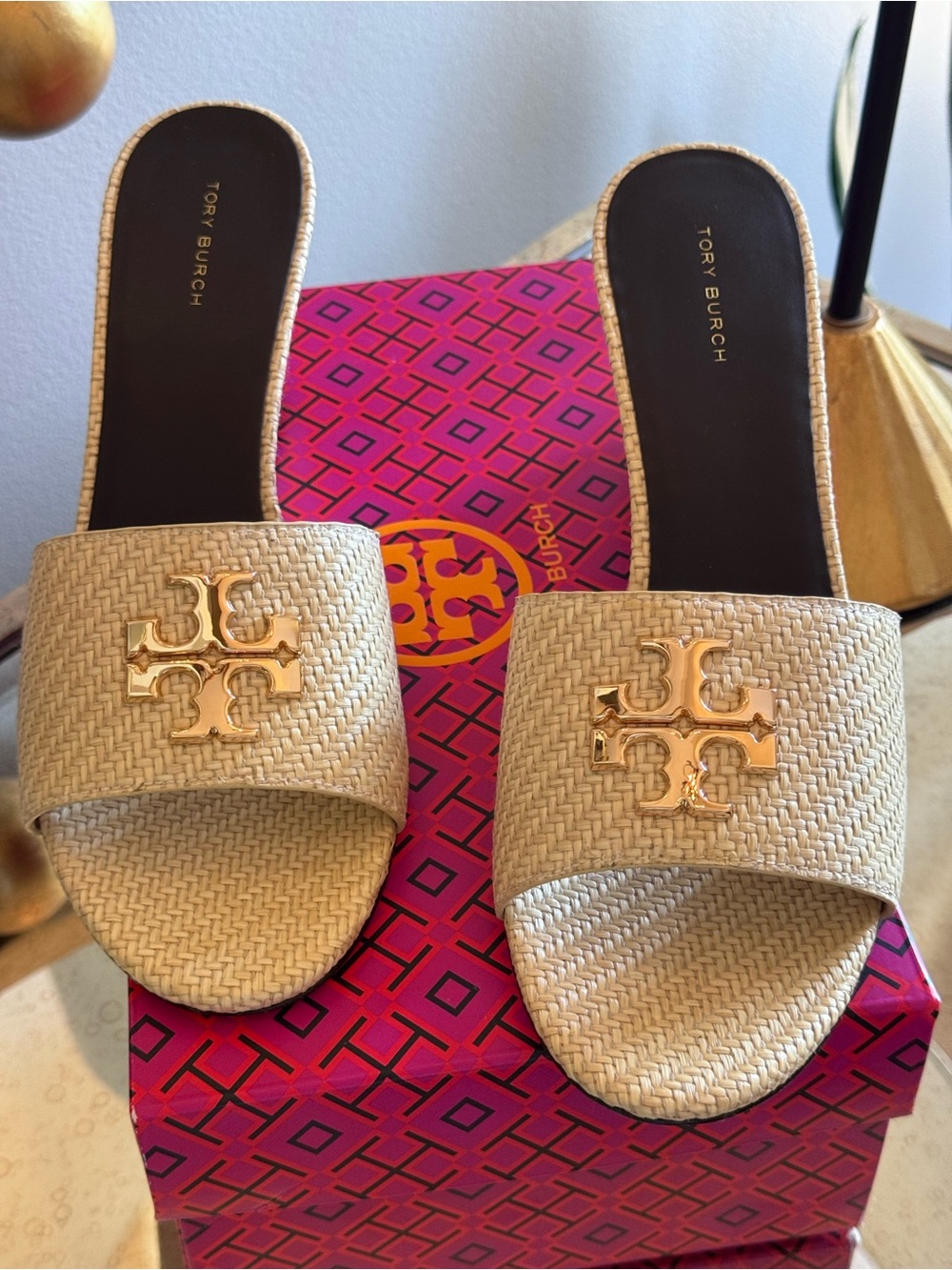 Tory Burch Tan Raffia Wedge Sandals with Gold Logo - Size 10